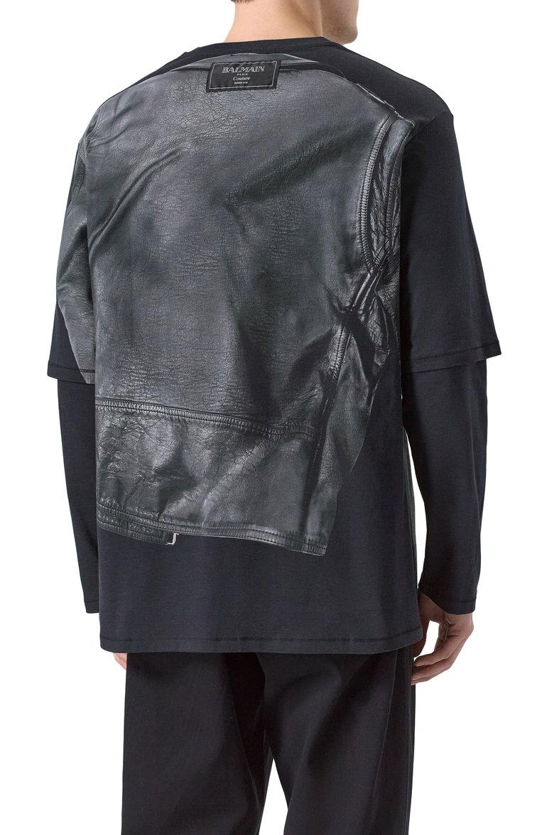 Мужская хлопковый лонгслив BALMAIN темно-серого цвета, арт. EH1EM016/GE40 | Фото 4 (Рукава: 3/4, Длинные; Драгоценные камни: Проставлено; Материал сплава: Проставлено; Длина (для топов): Удлиненные; Принт: С принтом; Стили: Спорт-шик; Материал внешний: Хлопок; Кросс-КТ: Джерси; Мужское Кросс-КТ: Футболка-одежда)