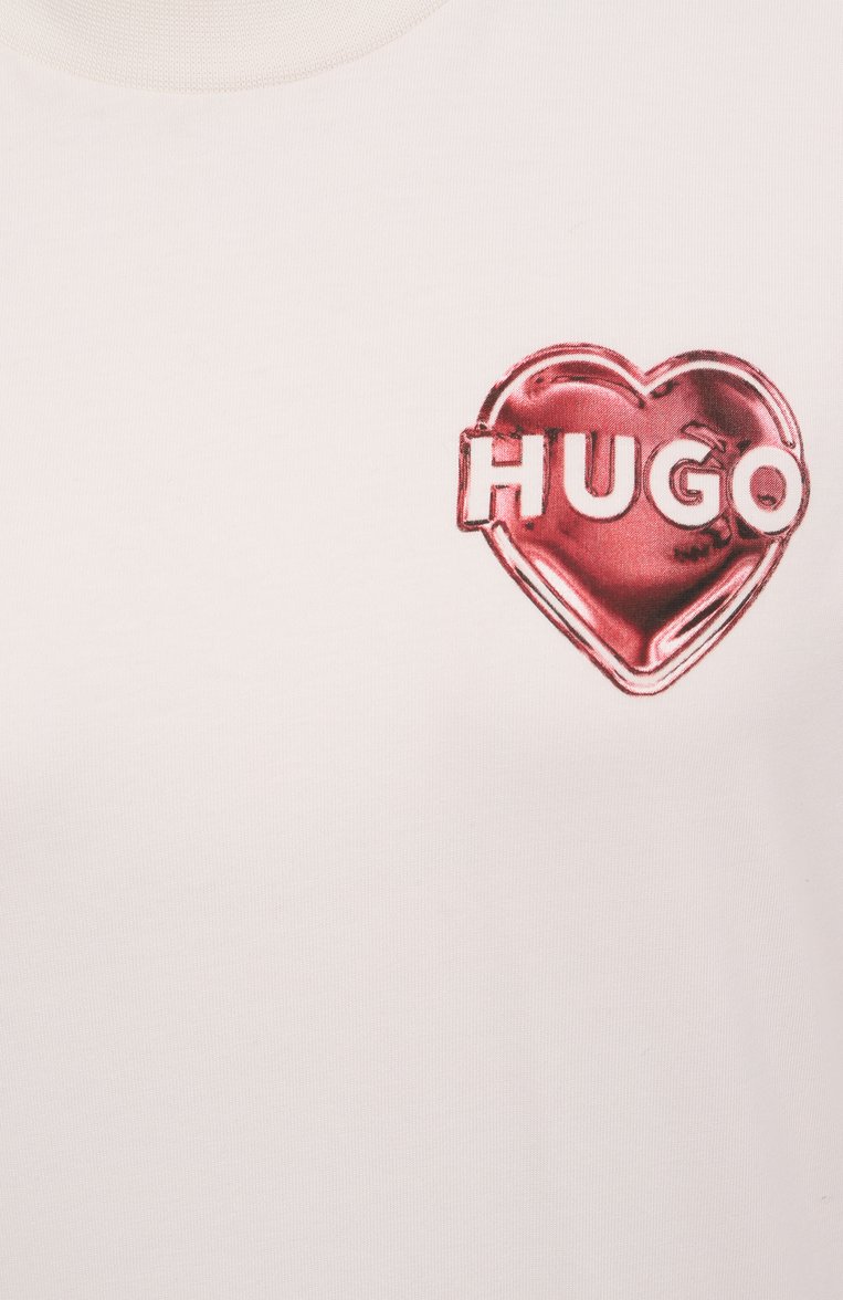 Женская хлопковая футболка HUGO кремового цвета, арт. 50534545 | Фото 6 (Длина (для топов): Стандартные; Рукава: Короткие; Материал внешний: Хлопок; Принт: С принтом; Стили: Кэжуэл)