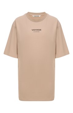 Женская хлопковая футболка CHAPURIN бежевого цвета, арт. TSH/18900/CORSICA/28784-М | Фото 1 (Материал внешний: Хлопок; Длина (для топов): Удлиненные; Женское Кросс-КТ: Футболка-одежда; Стили: Кэжуэл; Принт: С принтом; Рукава: Короткие)