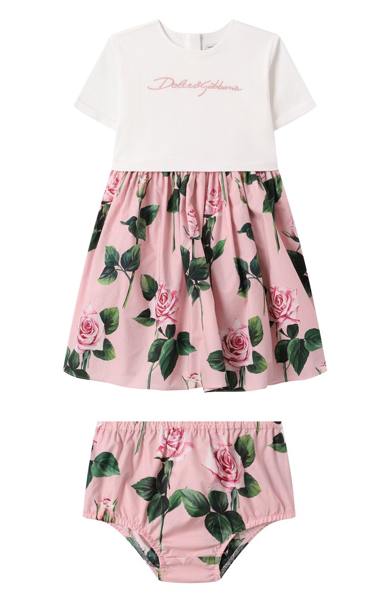 Женский комплект из платья и шорт DOLCE & GABBANA розового цвета, арт. L2JD9R/G700S | Фото 1 (Нос: Не проставлено; Материал внешний: Хлопок; Ростовка одежда: 6 мес | 68 см, 24 мес | 92 см, 18 мес | 86 см, 12 мес | 80 см, 3 мес | 62 см, 9 мес | 74 см)