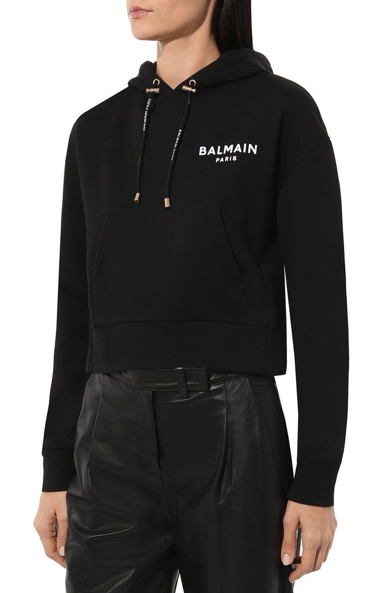 Женский хлопковое худи BALMAIN черного цвета, арт. BF1JP000/BB01 | Фото 3 (Рукава: Длинные; Длина (для топов): Стандартные; Материал внешний: Хлопок; Женское Кросс-КТ: Худи-одежда; Стили: Спорт-шик)