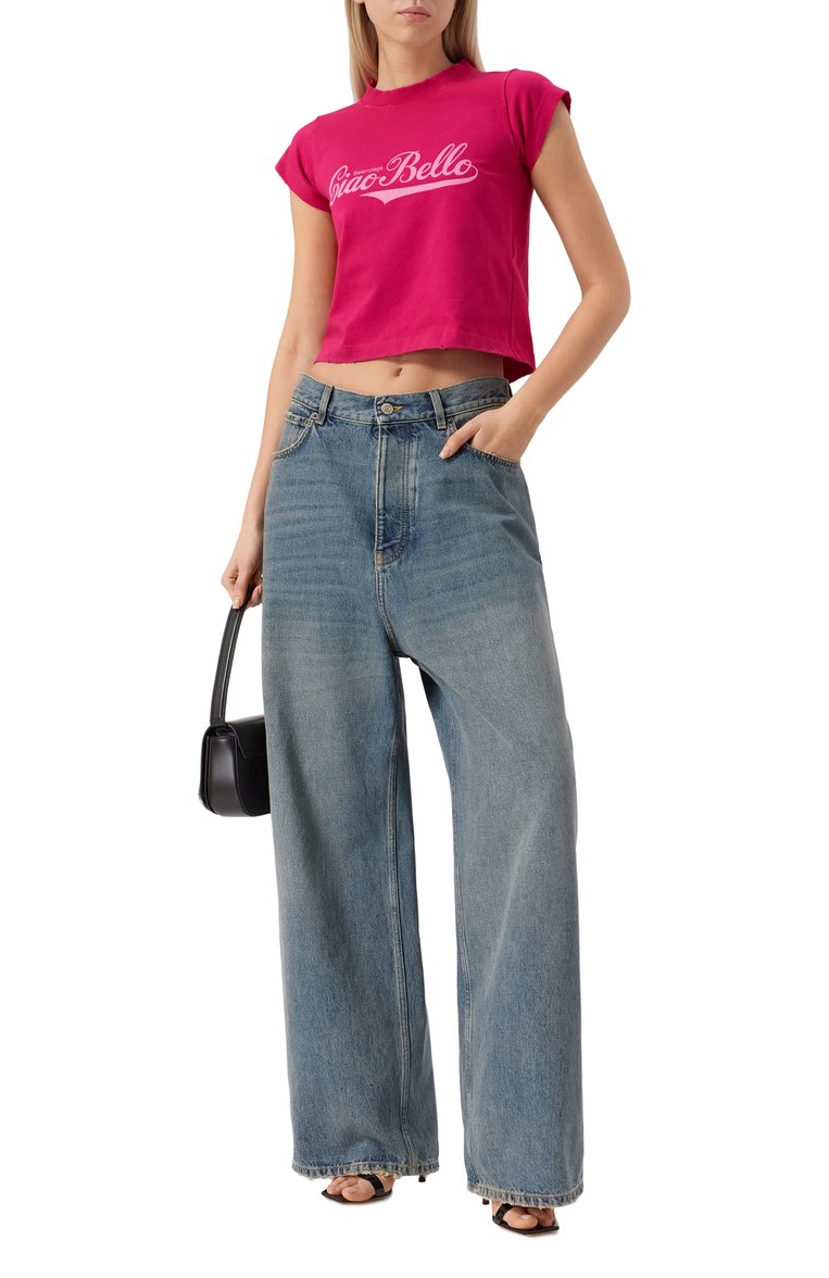 Женская хлопковая футболка BALENCIAGA фуксия цвета, арт. 807341/TRVH3 | Фото 2 (Длина (для топов): Стандартные; Материал сплава: Проставлено; Драгоценные камни: Проставлено; Рукава: Короткие; Принт: С принтом; Стили: Кэжуэл; Материал внешний: Хлопок)