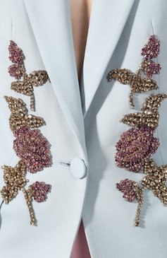 Женский жакет из смеси шерсти и шелка ALEXANDER MCQUEEN голубого цвета, арт. 585790/QJAAA | Фото 5 (Рукава: Длинные; Длина (для топов): Удлиненные; Статус проверки: Проверено, Проверена категория; Материал внешний: Шерсть; Случай: Вечерний, Формальный; 1-2-бортные: Однобортные; Женское Кросс-КТ: Жакет-одежда)