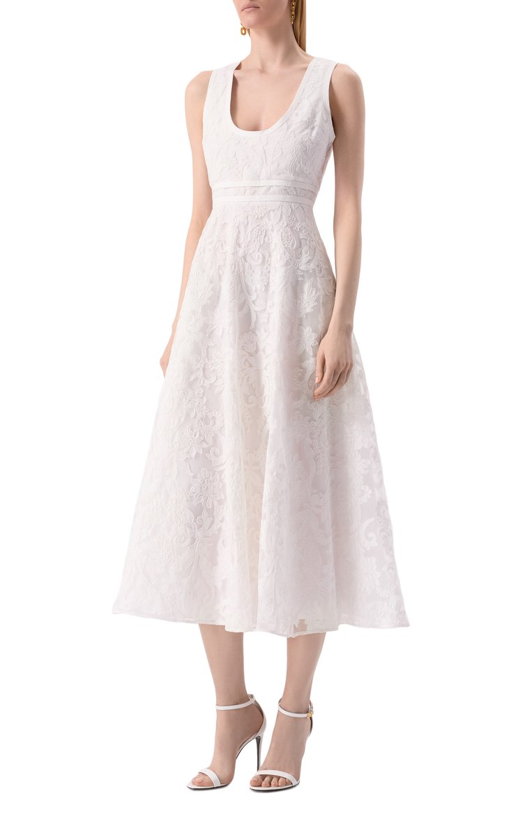 Женское платье GIAMBATTISTA VALLI белого цвета, арт. 25SSPVCA5020-02STA | Фото 3 (Длина Ж (юбки, платья, шорты): Миди; Стили: Кэжуэл; Женское Кросс-КТ: Платье-одежда; Рукава: Без рукавов; Случай: Повседневный; Материал внешний: Синтетический материал)