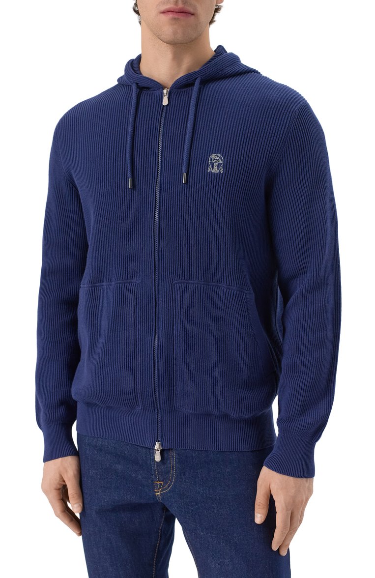 Мужской хлопковый кардиган BRUNELLO CUCINELLI синего цвета, арт. M29200416G | Фото 3 (Рукава: Длинные; Материал внешний: Хлопок; Длина (для топов): Стандартные; Стили: Кэжуэл; Мужское Кросс-КТ: Кардиган-одежда; Застежка: Молния)