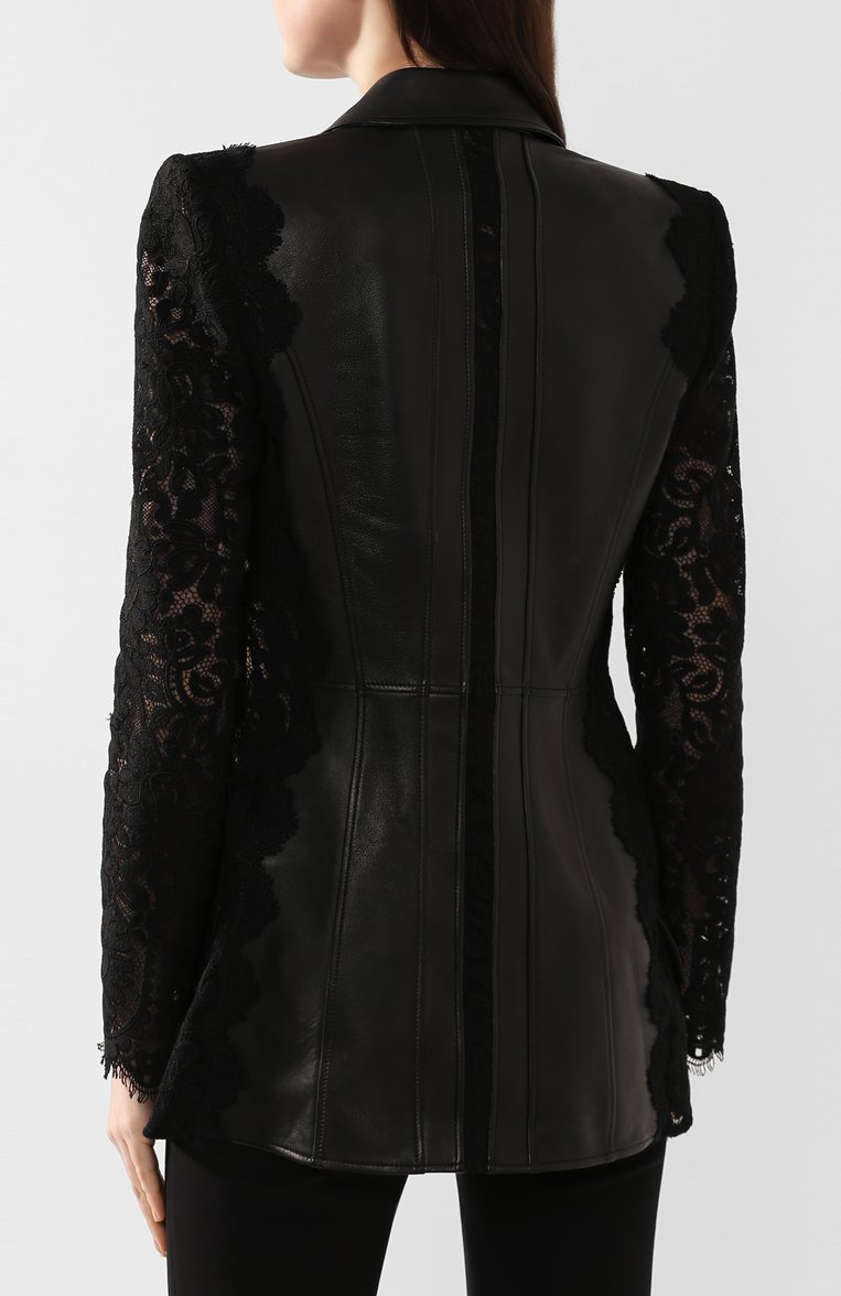 Женский кожаный жакет ALEXANDER MCQUEEN черного цвета, арт. 610853/Q5ACZ | Фото 4 (Рукава: Длинные; Длина (для топов): Удлиненные; Случай: Вечерний; 1-2-бортные: Однобортные; Женское Кросс-КТ: Жакет-одежда; Материал внешний: Натуральная кожа)