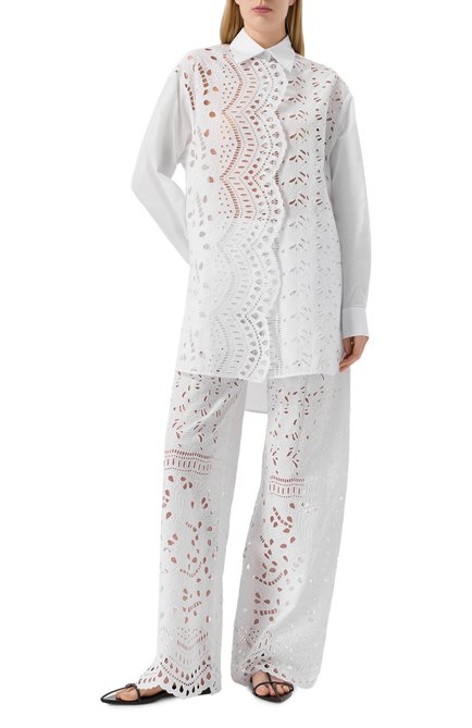 Женские хлопковые брюки ERMANNO SCERVINO белого цвета, арт. D464P601FDRXT | Фото 2 (Материал внешний: Хлопок; Автоматизация ТО: Проставлено; Автоматизация состава: Проставлено; Длина (брюки, джинсы): Удлиненные)