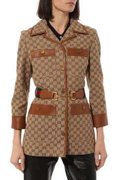 Женский жакет GUCCI бежевого цвета, арт. 682302 Z8AWR | Фото 3 (Рукава: Длинные; Стили: Гламурный; Случай: Повседневный; Материал внешний: Синтетический материал, Хлопок; Длина (для топов): Удлиненные; Материал сплава: Проставлено; Нос: Не проставлено; 1-2-бортные: Однобортные; Драгоценные камни: Проставлено; Женское Кросс-КТ: Жакет-одежда)