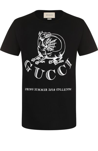 Хлопковая футболка с принтом GUCCI черного цвета по цене 31350 руб., арт. 493117/X3N23, фото 1 Хлопковая футболка с принтом GUCCI, арт. 493117/X3N23, фото 1