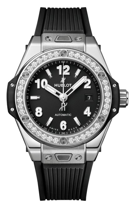 Женские часы one click steel diamonds HUBLOT бес�цветного цвета, арт. 485.SX.1170.RX.1204 | Фото 1 (Материал корпуса: Сталь; Цвет циферблата: Чёрный; Механизм: Автомат)