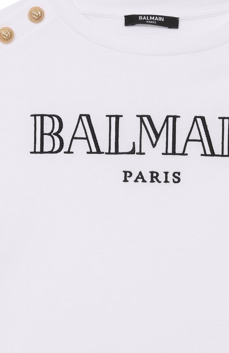 Детская хлопковая футболка BALMAIN белого цвета, арт. BW8A21 | Фото 3 (Материал внешний: Хлопок; Рукава: Короткие; Девочки Кросс-КТ: футболка-одежда; Ростовка одежда: 10 - 11 лет | 140 - 146см, 12 лет | 152 см, 8 лет | 128 см, 6 лет | 116 см, 13 - 15 лет | 158 см, 16 лет | 164 см)