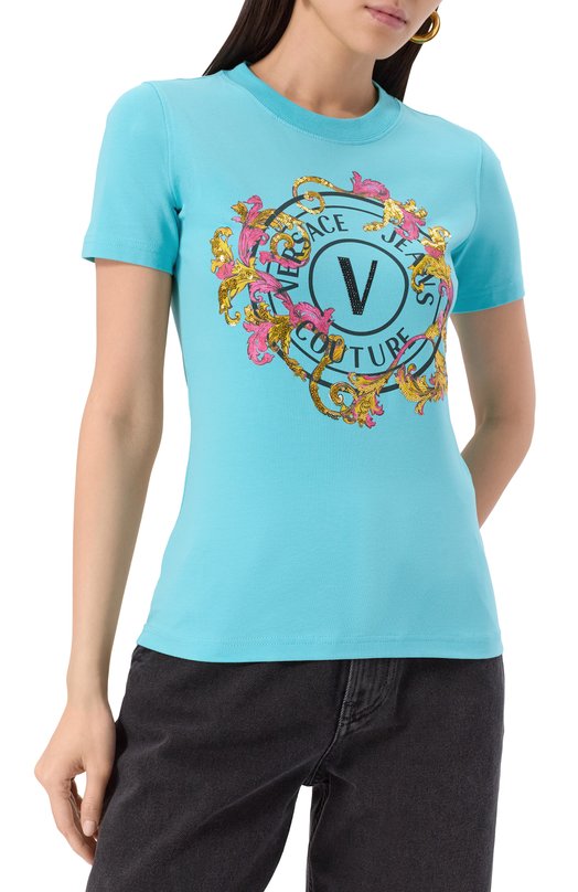 Хлопковая футболка Versace Jeans Couture 78HAHC01/CJ02C Голубой  78HAHC01/CJ02C Фото 3