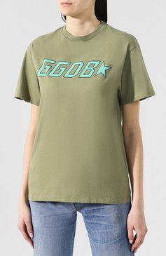 Женская хлопковая футболка GOLDEN GOOSE DELUXE BRAND хаки цвета, арт. G34WP124.L5 | Фото 3 (Материал внешний: Хлопок; Длина (для топов): Стандартные; Рукава: Короткие; Статус проверки: Проверена категория; Женское Кросс-КТ: Футболка-одежда; Принт: С принтом; Драгоценные камни: Проставлено; Материал внутренний: Не назначено; Материал сплава: Проставлено)