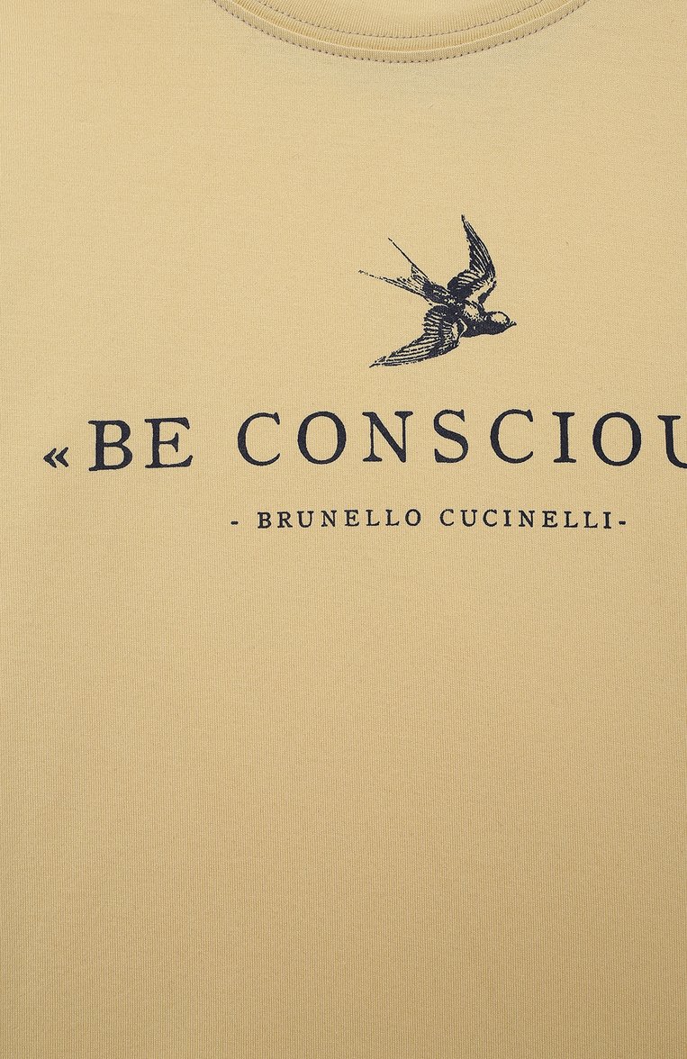 Детская хлопковая футболка BRUNELLO CUCINELLI желтого цвета, арт. BE857T132A | Фото 3 (Материал внешний: Хлопок; Рукава: Короткие; Региональные ограничения белый список (Axapta Mercury): RU, Не проставлено; Мальчики Кросс-КТ: Футболка-одежда; Материал сплава: Проставлено; Драгоценные камни: Проставлено; Ростовка одежда: 4 года | 104 см, 6 лет | 116 см)