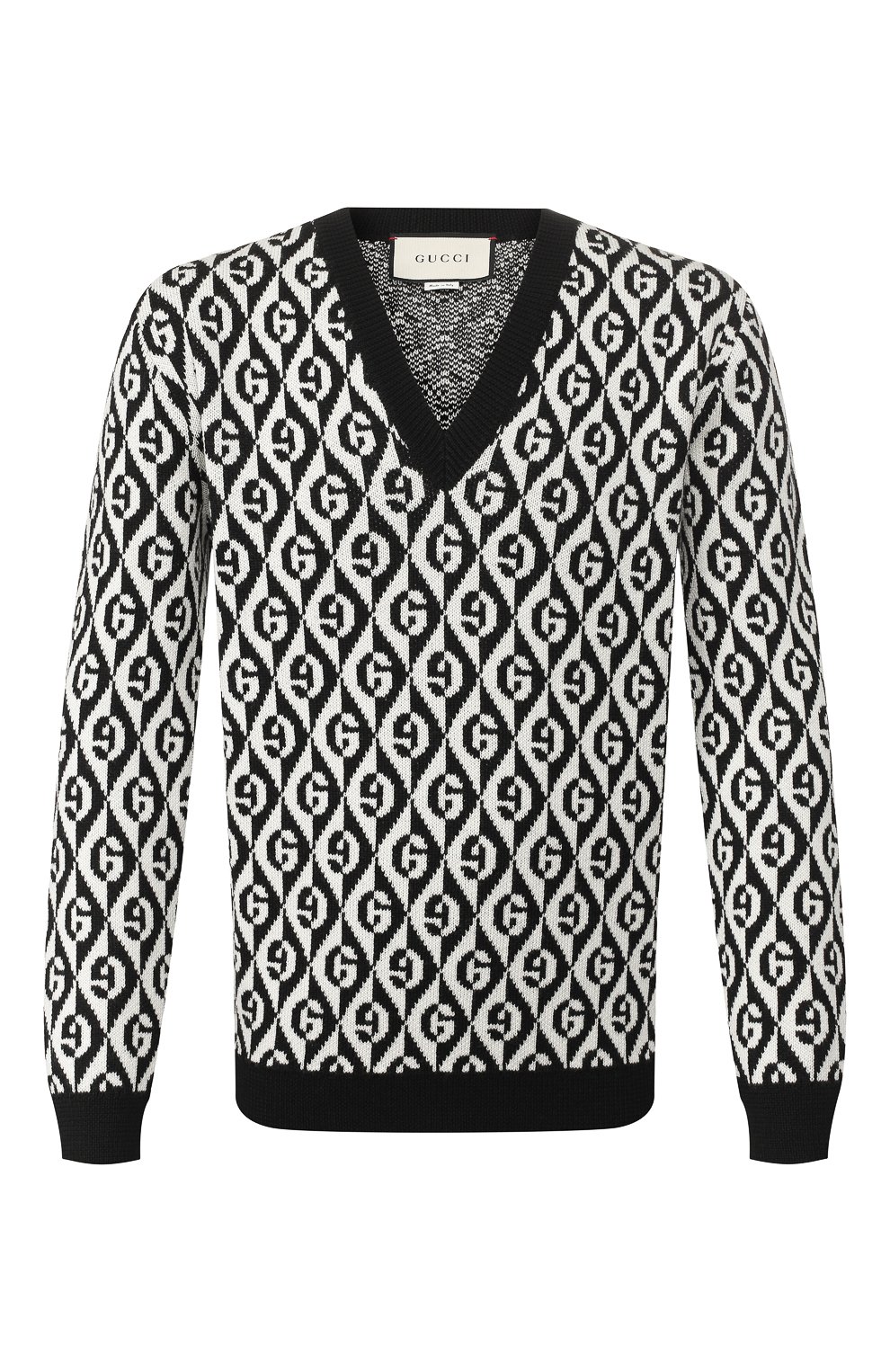 Шерстяной пуловер GUCCI черно-белого цвета по цене 69950 руб., арт. 595512/XKA0Y, фото 1 Шерстяной пуловер GUCCI, арт. 595512/XKA0Y, фото 1