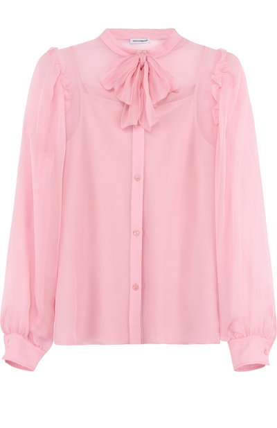Шелковая блуза с воротником аскот DOLCE & GABBANA светло-розового цвета по цене 21050 руб., арт. L53S65/FU1HW/8-14, фото 1 Шелковая блуза с воротником аскот DOLCE & GABBANA, арт. L53S65/FU1HW/8-14, фото 1
