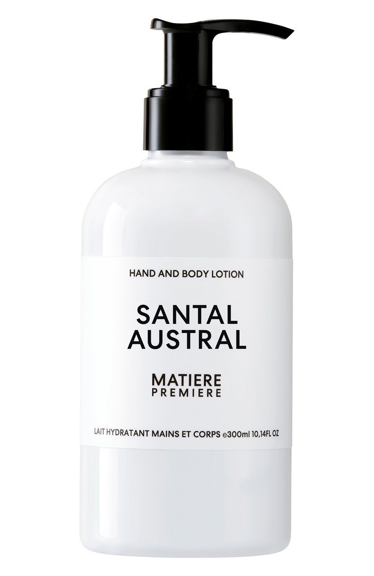 Лосьон для рук и тела santal austral (300ml) MATIERE PREMIERE бесцветного цвета, арт. 3760372460686 | Фото 1 (Нос: Не проставлено; Косметика кросс-кт: Уход У; Тип продукта: Лосьоны; Региональные ограничения белый список (Axapta Mercury): Не проставлено; Назначение: Для тела, Для рук)
