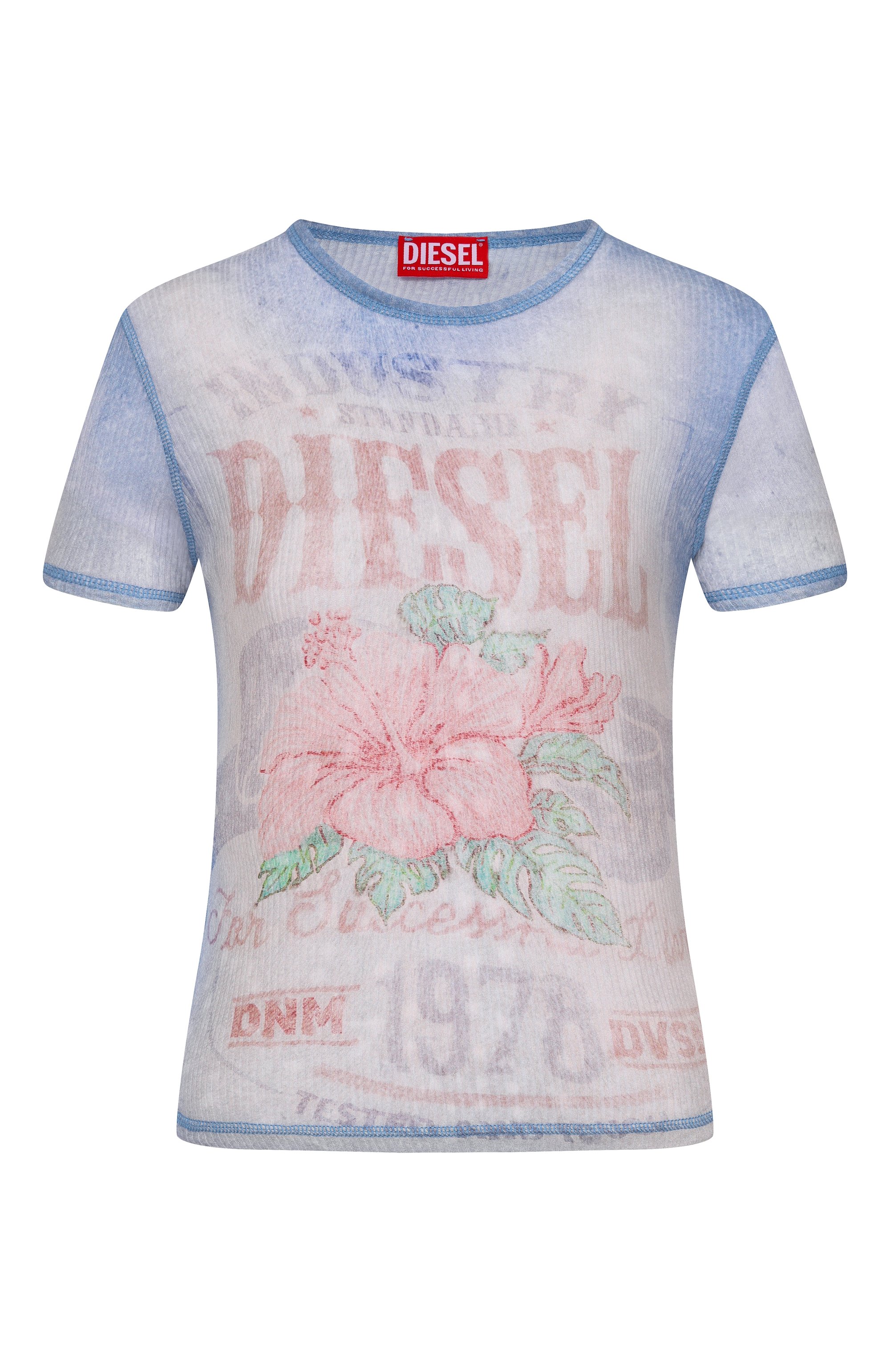 Хлопковая футболка DIESEL голубого цвета по цене 25800 руб., арт. A23519/0HGCN, фото 1 Хлопковая футболка DIESEL, арт. A23519/0HGCN, фото 1