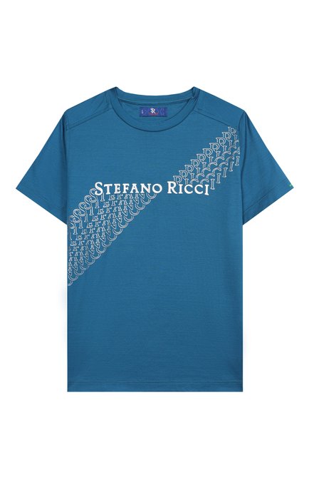Детская хлопковая футболка STEFANO RICCI JUNIOR синего цвета, арт. YNH5101250/TE0001 | Фото 1 (Материал сплава: Проставлено; Рукава: Короткие; Драгоценные камни: Проставлено; Материал внешний: Хлопок)