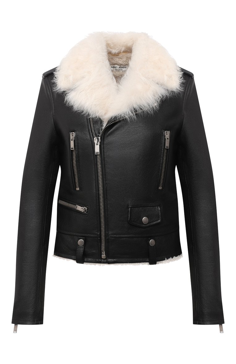 Женская кожаная ку�ртка SAINT LAURENT черного цвета, арт. 633866/YCDD2 | Фото 1 (Длина (верхняя одежда): Короткие; Рукава: Длинные; Женское Кросс-КТ: Замша и кожа; Кросс-КТ: Куртка, Утепленные; Материал утеплителя: Натуральный мех; Материал внешний: Натуральная кожа; Автоматизация состава: Проставлено; Автоматизация ТО: Проставлено)