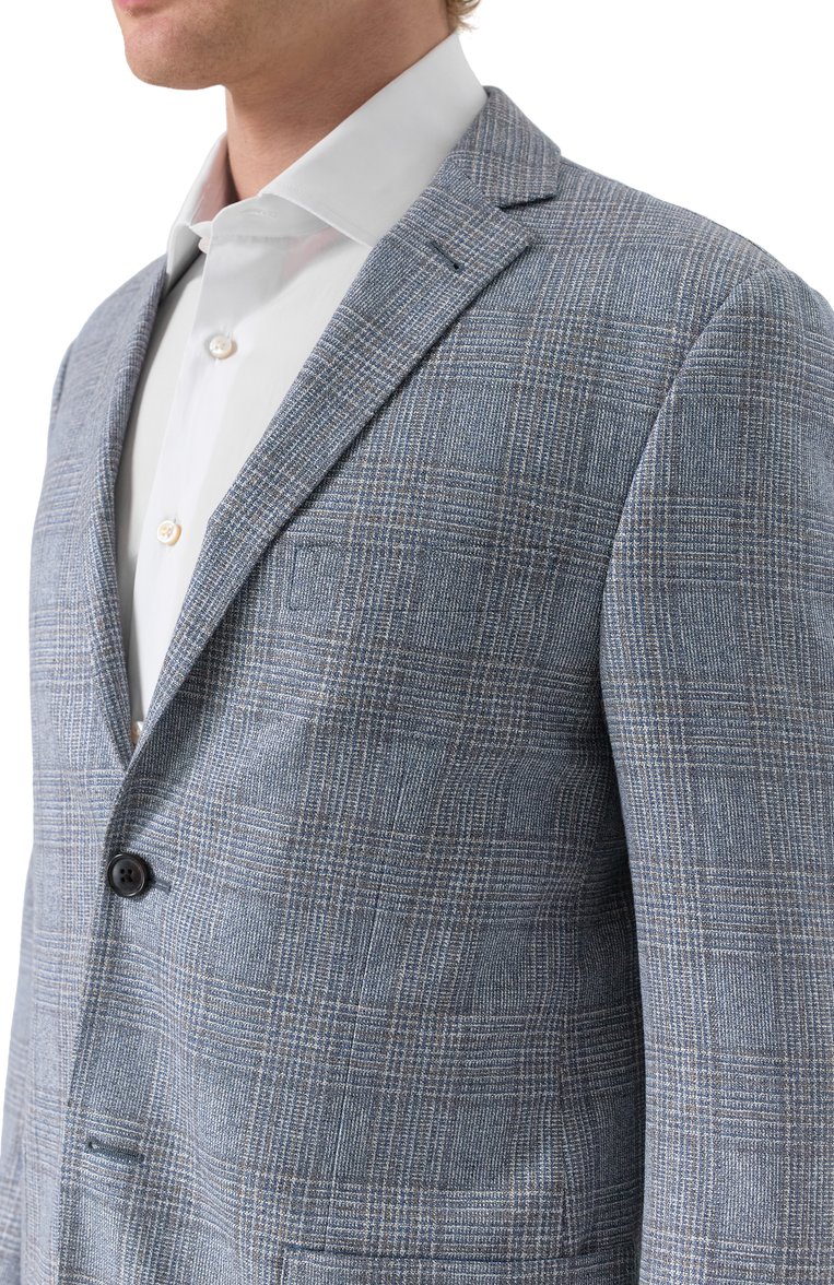 Мужской пиджак из шелка и шерсти CORNELIANI синего цвета, арт. 25X002-2516215 | Фото 7 (Драгоценные камни: Проставлено; Рукава: Длинные; Длина (для топов): Стандартные; Материал внешний: Шелк; Материал сплава: Проставлено; Пиджаки М: Приталенный; 1-2-бортные: Однобортные; Стили: Кэжуэл; Случай: Повседневный)