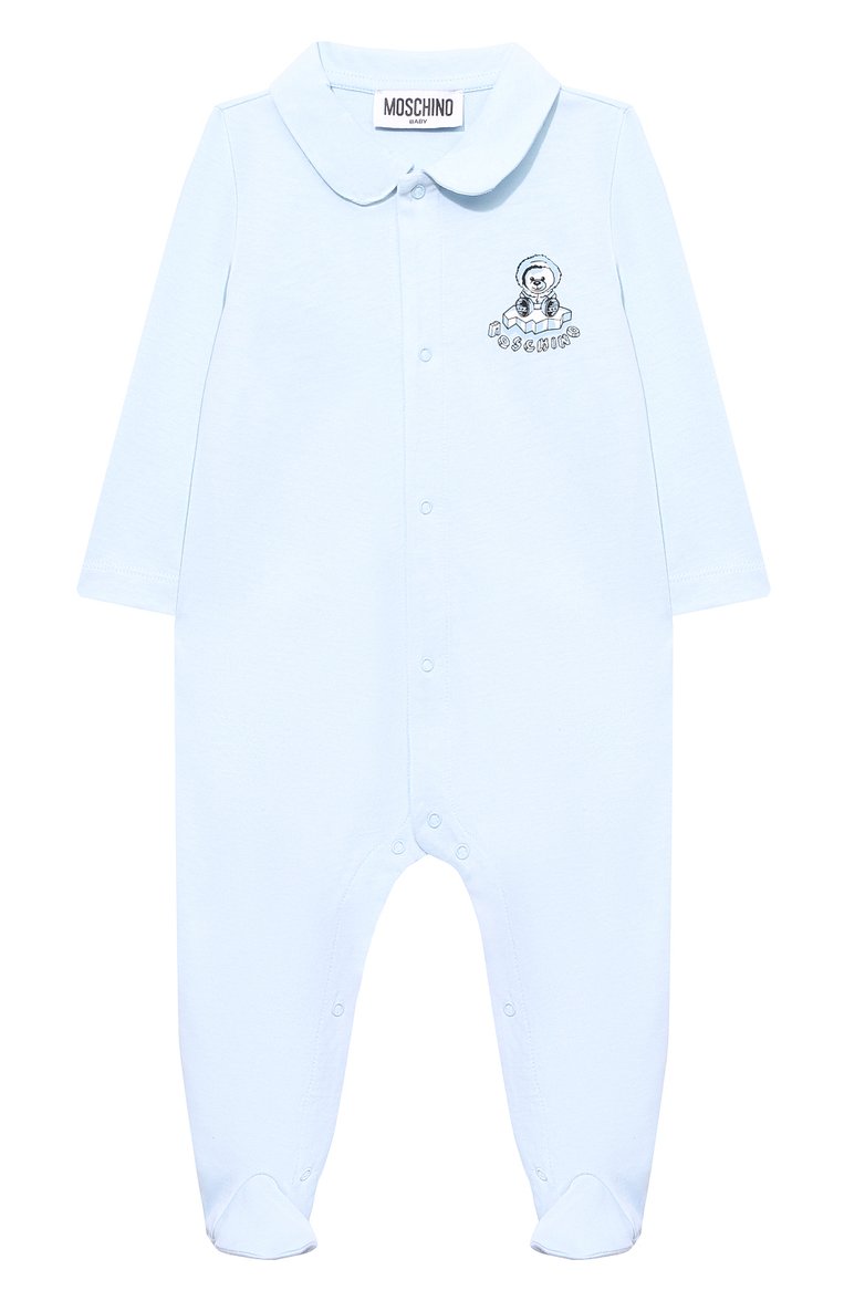 Детский хлопковый комбинезон MOSCHINO голубого цвета, арт. MMY053/LAA10 | Фото 1 (Материал внешний: Хлопок; Нос: Не проставлено; Ростовка одежда: 0 - 3 мес | 50 - 60 см, 3 мес | 62 см, 6 мес | 68 см, 9 мес | 74 см, 12 мес | 80 см)
