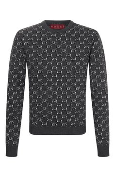 Мужской шерстяной джемпер GUCCI темно-серого цвета, арт. 794503/XKEAP | Фото 1 (Длина (для топов): Стандартные; Рукава: Длинные; Материал внешний: Шерсть; Принт: С принтом; Вырез: Круглый; Стили: Кэжуэл; Мужское Кросс-КТ: Джемперы)