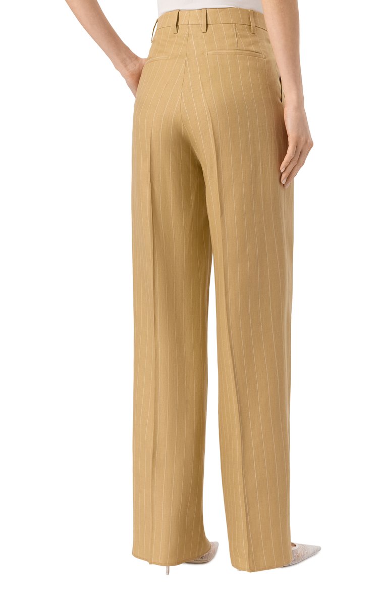 Женские льняные брюки TAGLIATORE 0205 бежевого цвета, арт. P-EB0NY/340252 | Фото 4 (Материал внешний: Лен; Случай: Формальный; Женское Кросс-КТ: Брюки-одежда; Силуэт Ж (брюки и джинсы): Широкие; Кросс-КТ: костюм; Стили: Классический; Длина (брюки, джинсы): Стандартные)