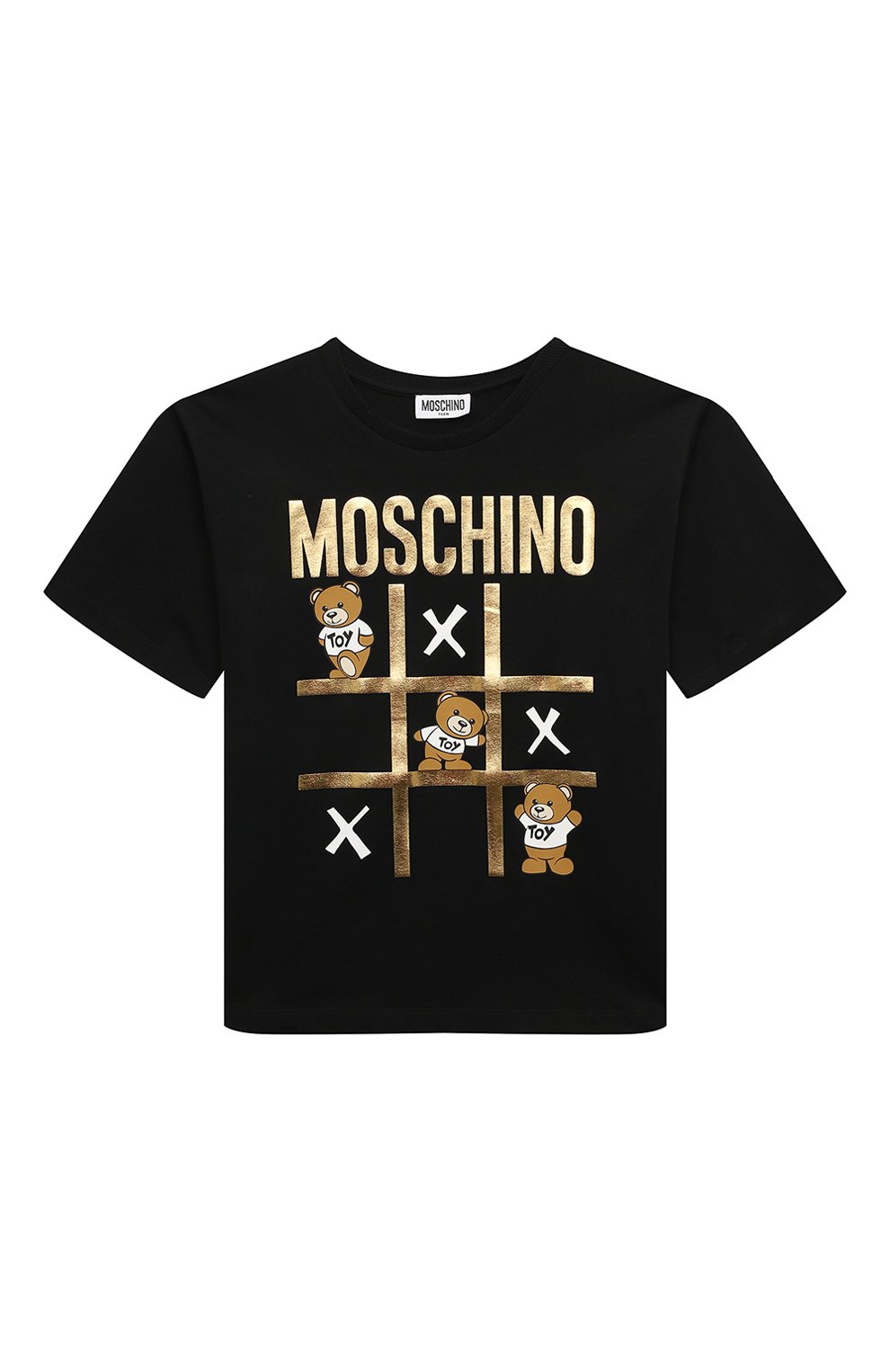 Хлопковая футболка MOSCHINO черного цвета по цене 9425 руб., арт. HPM03R/LAA23/4-8, фото 1 Хлопковая футболка MOSCHINO, арт. HPM03R/LAA23/4-8, фото 1