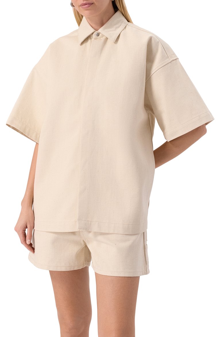 Женская джинсовая рубашка JIL SANDER бежевого цвета, арт. J40DL0166/J45285 | Фото 3 (Рукава: 3/4; Автоматизация состава: Проставлено; Автоматизация ТО: Проставлено; Материал внешний: Хлопок, Деним; Длина (для топов): Удлиненные; Женское Кросс-КТ: Рубашка-одежда; Принт: Без принта; Кросс-КТ: Деним, костюм; Стили: Минимализм)