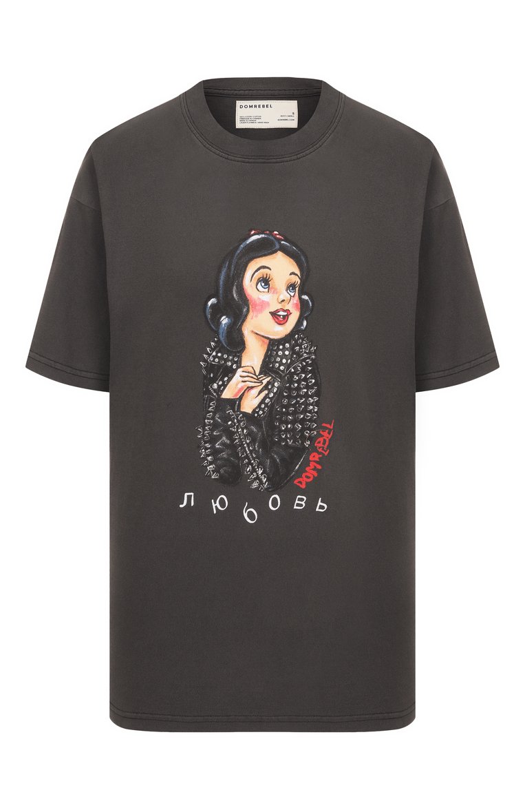 Женская хлопковая футболка DOMREBEL темно-серого цвета, арт. DREAMING/T-SHIRT | Фото 1 (Материал внешний: Хлопок; Рукава: Короткие; Длина (для топов): Стандартные; Стили: Кэжуэл; Принт: С принтом; Женское Кросс-КТ: Футболка-одежда; Автоматизация ТО: Проставлено; Автоматизация состава: Проставлено)