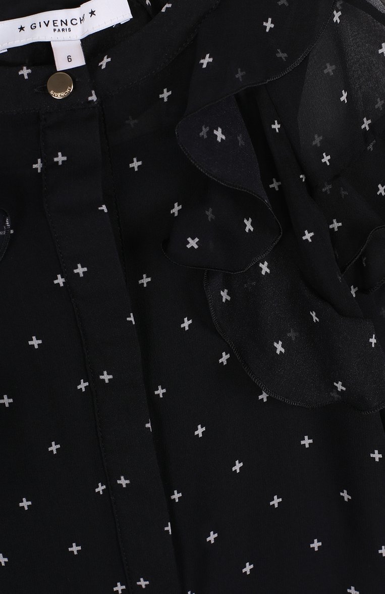 Детское прозрачная блуза с оборками и принтом GIVENCHY черного цвета, арт. H1K001 | Фото 3 (Статус проверки: Проверено, Проверена категория; Материал внешний: Шелк, Синтетический материал, Хлопок; Рукава: Длинные; Случай: Повседневный; Автоматизация Diginetica: Проверено; Автоматизация ТО: Проставлено; Автоматизация состава: Проставлено; Ростовка одежда: 8 лет | 128 см)