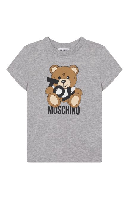 Детская хлопковая футболка MOSCHINO серого цвета, арт. H9M04K/LAA03/4-8 | Фото 1 (Драгоценные камни: Проставлено; Материал сплава: Проставлено; Рукава: Короткие; Материал внешний: Хлопок)