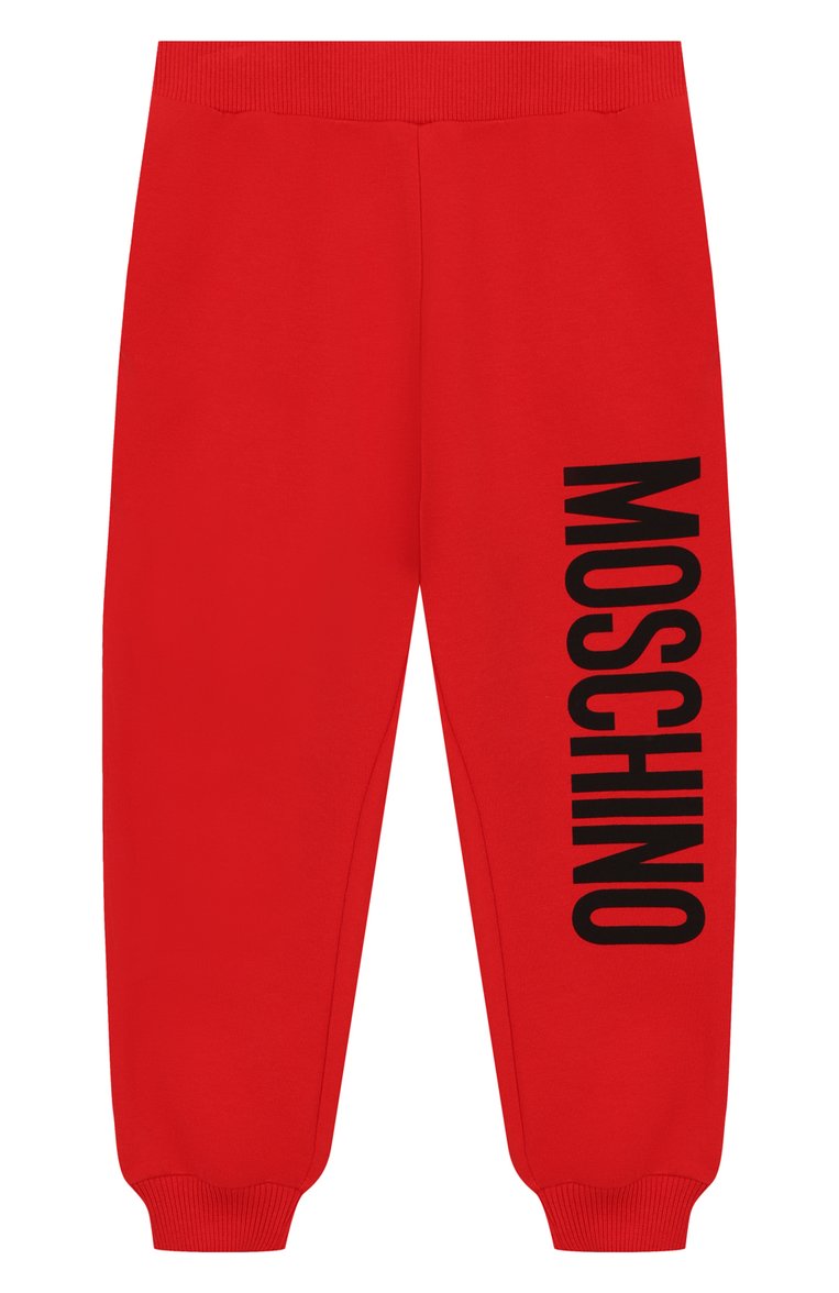 Детские хлопковые джоггеры MOSCHINO красного цвета, арт. HUP03L/LDA00/4A-8A | Фото 1 (Материал внешний: Хлопок; Девочки Кросс-КТ: Брюки-одежда, Джоггеры-одежда, Брюки-спорт; Материал сплава: Проставлено; Нос: Не проставлено; Ростовка одежда: 4 года | 104 см, 5 лет | 110 см, 6 лет | 116 см, 8 лет | 128 см)
