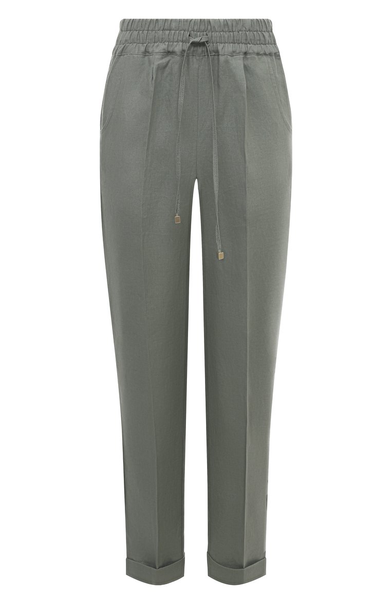 Женские льняные брюки KITON хаки цвета, арт. D37102K0961C | Фото 1 (Длина (брюки, джинсы): Стандартные; Материал внешний: Лен; Стили: Кэжуэл; Женское Кросс-КТ: Брюки-одежда; Силуэт Ж (брюки и джинсы): Прямые; Автоматизация ТО: Проставлено; Автоматизация состава: Проставлено)