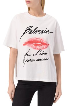 Женская хлопковая футболка BALMAIN белого цвета, арт. EF1EG110/GE45 | Фото 3 (Материал сплава: Проставлено; Рукава: Короткие; Драгоценные камни: Проставлено; Длина (для топов): Стандартные; Стили: Кэжуэл; Принт: С принтом; Материал внешний: Хлопок)
