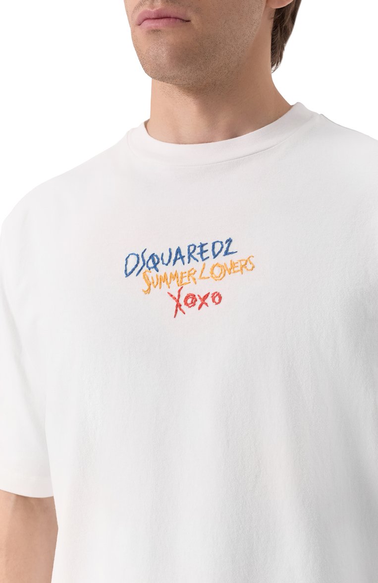 Мужская хлопковая футболка DSQUARED2 белого цвета, арт. S78GD0097/S24583 | Фото 5 (Длина (для топов): Стандартные; Рукава: Короткие; Материал внешний: Хлопок; Мужское Кросс-КТ: Футболка-одежда; Принт: С принтом; Стили: Спорт-шик; Автоматизация состава: Проставлено; Детали: Без декора; Автоматизация ТО: Проставлено)