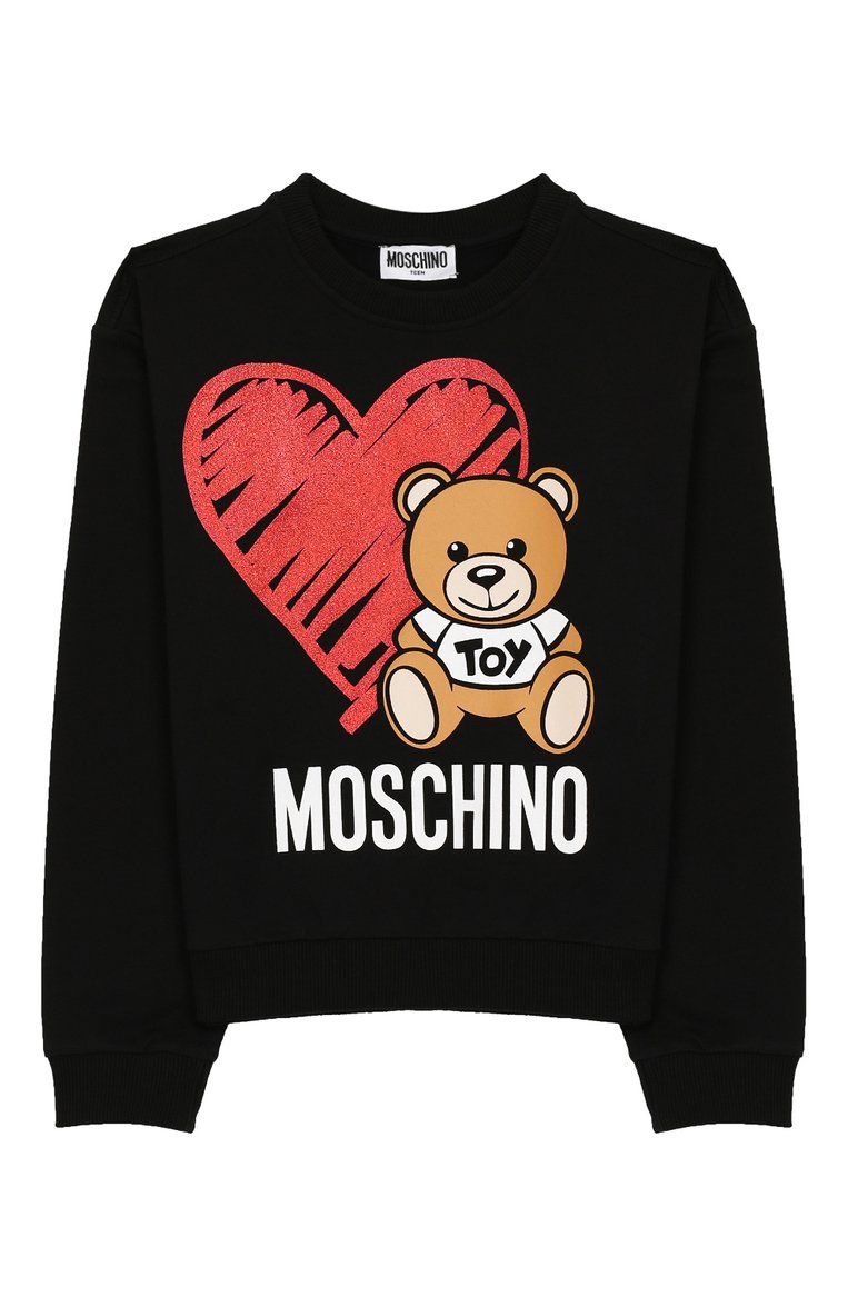 Детский хлопковый свитшот MOSCHINO черного цвета, арт. HDF026/LDA16/10A-14A | Фото 1 (Статус проверки: Проверено; Рукава: Длинные; Материал внешний: Хлопок; Принт: С принтом; Девочки Кросс-КТ: Свитшот-одежда; Материал сплава: Проверено, Проставлено; Драгоценные камни: Проставлено)