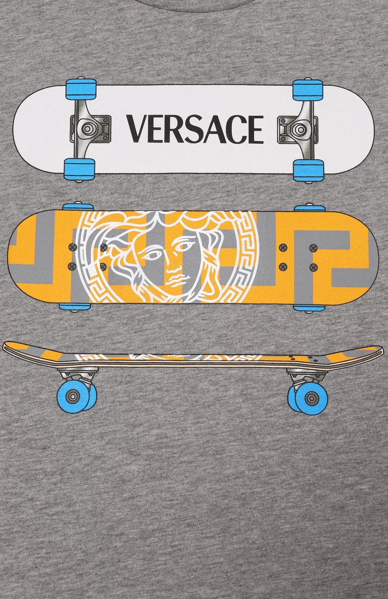 Детская хлопковая футболка VERSACE серого цвета, арт. 1018293/1A13086/4A-6A | Фото 3 (Материал внешний: Хлопок; Рукава: Короткие; Мальчики Кросс-КТ: Футболка-одежда; Ростовка одежда: 6 лет | 116 см)