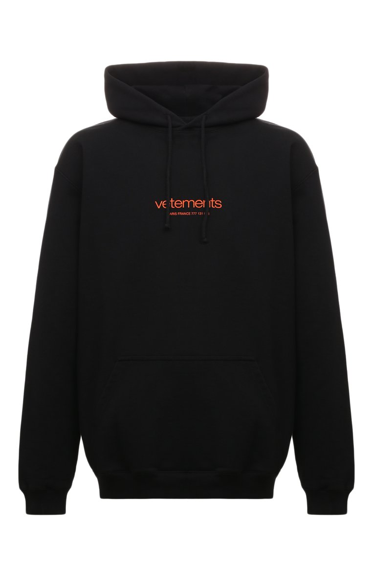 Мужской хлопковое худи VETEMENTS черного цвета, арт. UE64HD130B | Фото 1 (Рукава: Длинные; Материал внешний: Хлопок; Длина (для топов): Стандартные; Материал сплава: Проставлено; Драгоценные камни: Проставлено; Принт: С принтом; Стили: Кэжуэл; Мужское Кросс-КТ: Худи-одежда)