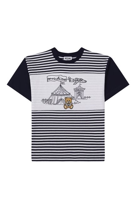 Детская хлопковая футболка MOSCHINO темно-синего цвета, арт. HUM053/LAE08/10-14 | Фото 1 (Драгоценные камни: Проставлено; Материал сплава: Проставлено; Рукава: Короткие; Материал внешний: Хлопок)