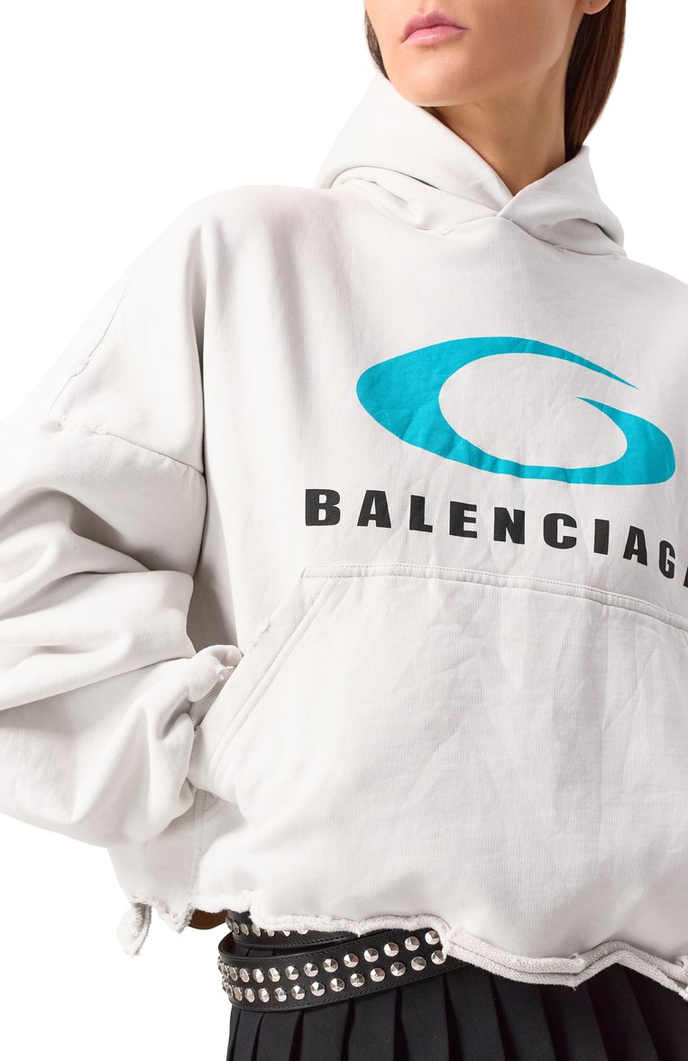 Женский хлопковое худи BALENCIAGA белого цвета, арт. 783397/TRVC3 | Фото 5 (Длина (для топов): Стандартные; Материал сплава: Проставлено; Драгоценные камни: Проставлено; Рукава: Длинные; Стили: Гранж; Женское Кросс-КТ: Худи-одежда; Материал внешний: Хлопок)