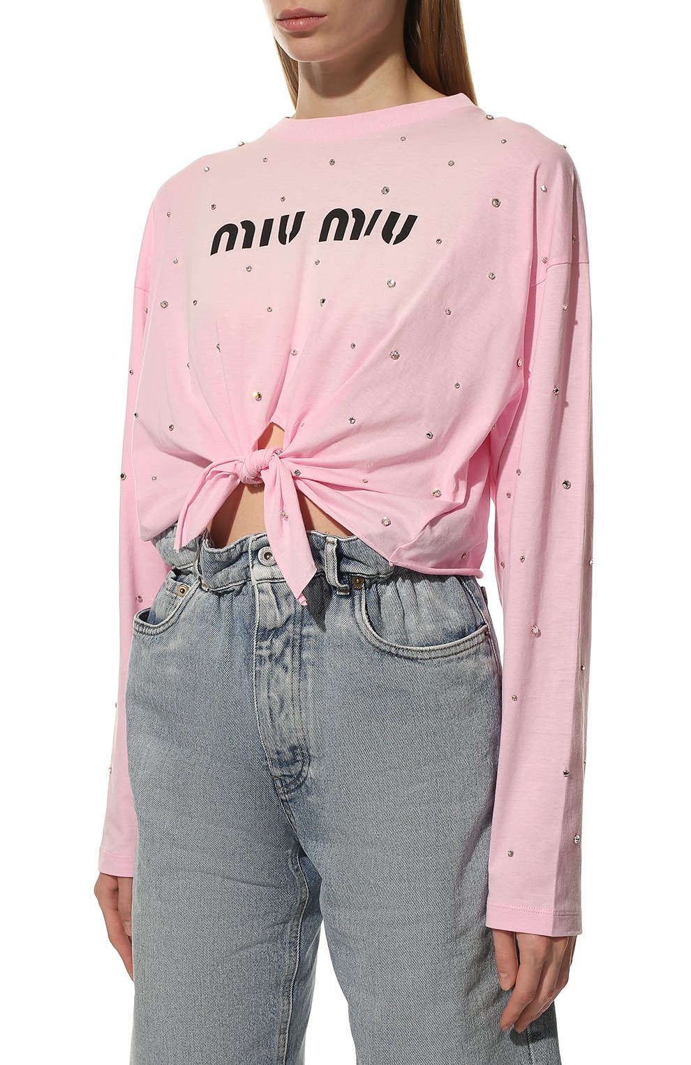 Хлопковый лонгслив MIU MIU светло-розового цвета по цене 130000 руб., арт. MJL763-1ZFS-F0028, фото 3 Хлопковый лонгслив MIU MIU, арт. MJL763-1ZFS-F0028, фото 3