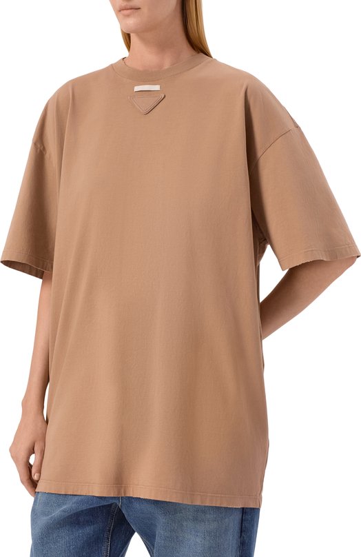 Хлопковая футболка Prada 3558A/12ZB Бежевый  3558A/12ZB Фото 3