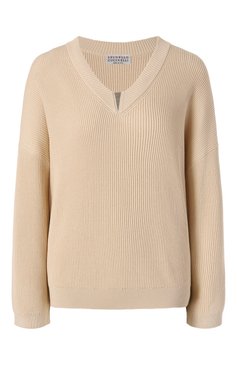 Женский хлопковый пуловер BRUNELLO CUCINELLI бежевого цвета, арт. M19255002 | Фото 1 (Драгоценные камни: Проставлено; Рукава: Длинные; Материал сплава: Проставлено; Длина (для топов): Стандартные; Материал внешний: Хлопок; Стили: Кэжуэл; Женское Кросс-КТ: Пуловер-одежда)