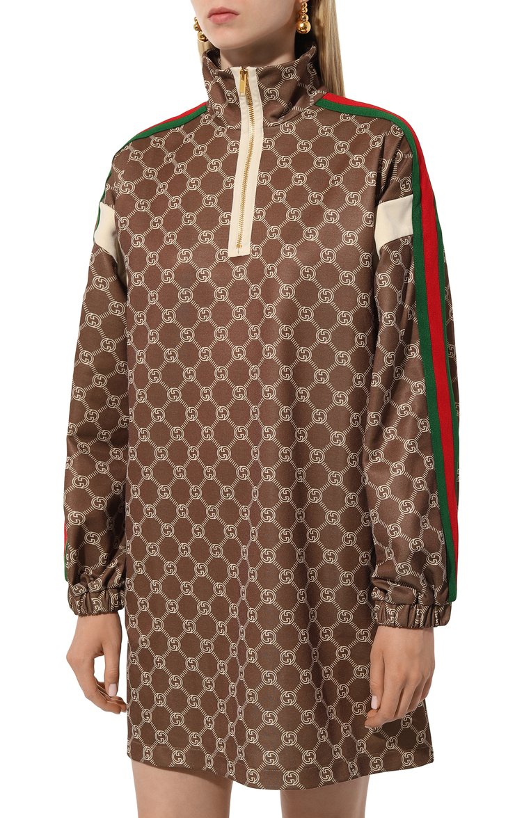 Женское платье GUCCI коричневого цвета, арт. 678689/XJD1G | Фото 3 (Материал внешний: Хлопок, Синтетический материал; Рукава: Длинные; Длина Ж (юбки, платья, шорты): Мини; Женское Кросс-КТ: Платье-одежда; Стили: Кэжуэл; Случай: Повседневный)