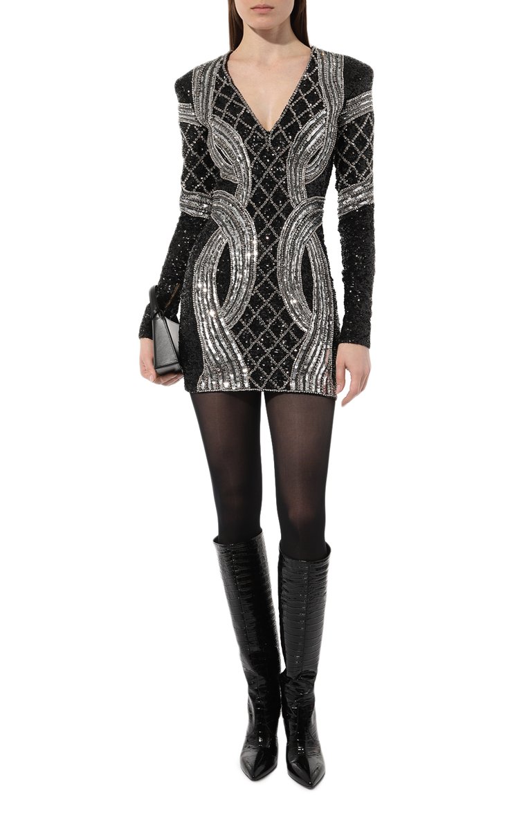 Женское платье с отделкой стразами и пайетками BALMAIN черного цвета, арт. AF0R8550PB82 | Фото 2 (Материал подклада: Шелк; Материал внешний: Синтетический материал; Длина Ж (юбки, платья, шорты): Мини; Рукава: Длинные; Женское Кросс-КТ: Платье-одежда; Стили: Романтичный; Случай: Коктейльный)