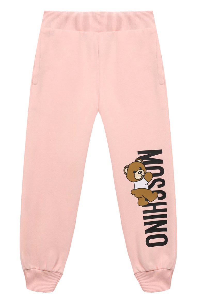 Мужского хлопковы�е джоггеры MOSCHINO светло-розового цвета, арт. HUP07P/LDA27/4-8 | Фото 1 (Материал внешний: Хлопок; Нос: Не проставлено; Мальчики Кросс-КТ: Джоггеры-одежда; Региональные ограничения белый список (Axapta Mercury): Не проставлено; Ростовка одежда: 4 года | 104 см, 6 лет | 116 см, 5 лет | 110 см, 8 лет | 128 см)