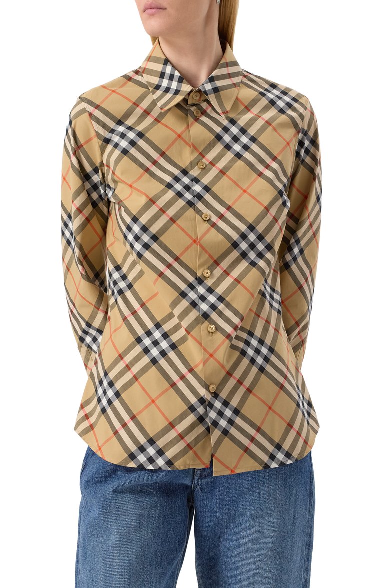Женская хлопковая рубашка BURBERRY бежевого цвета, арт. 8106163 | �Фото 3 (Длина (для топов): Стандартные; Рукава: Длинные; Материал внешний: Хлопок; Женское Кросс-КТ: Рубашка-одежда; Стили: Кэжуэл; Принт: Клетка, С принтом)