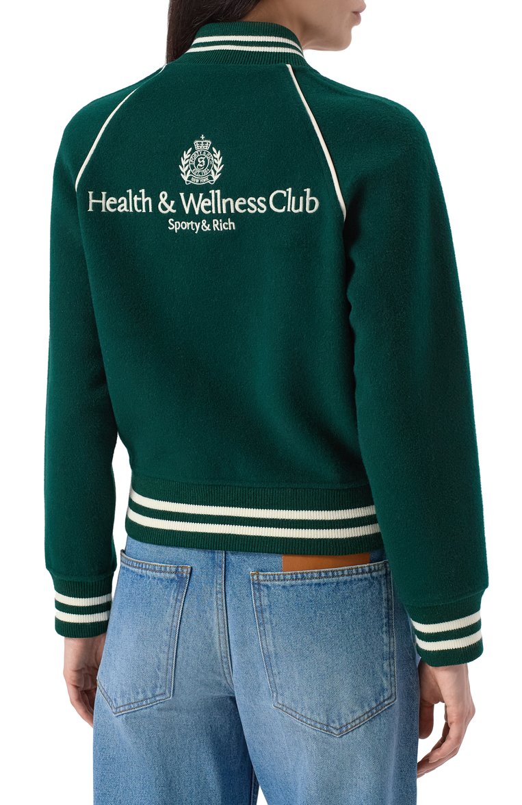 Женский бомбер из шерсти и кашемира SPORTY AND RICH зеленого цвета, арт. 0W029606241GR10 | Фото 4 (Длина (верхняя одежда): Короткие; Автоматизация ТО: Проставлено; Рукава: Длинные; Автоматизация состава: Проставлено; Материал внешний: Шерсть; Кросс-КТ: Легкие, Куртка; Стили: Спорт-шик)